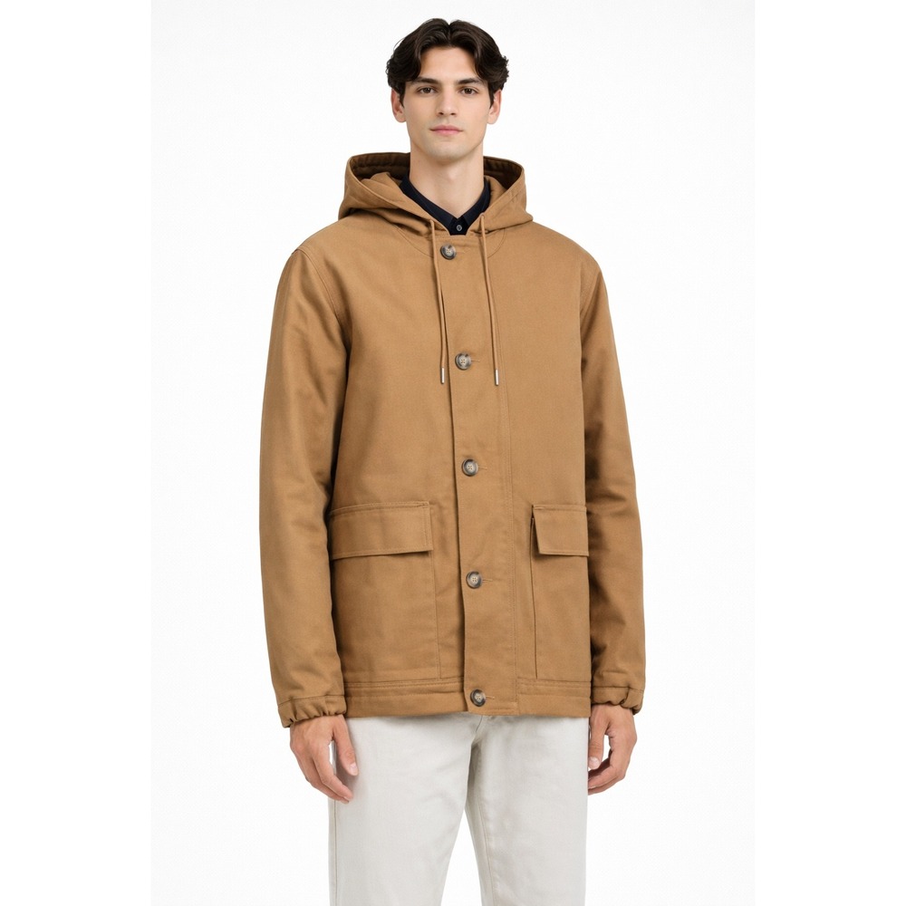 SANDRO Camel Workwear Hooded Jacket XL Men's Button Front Casual Coat